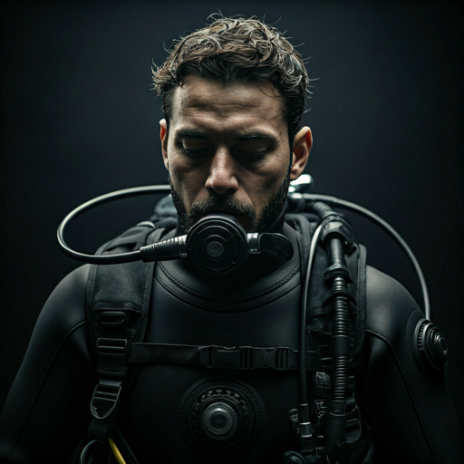 Moody black-and-white editorial portrait of Aiman, a professional diver.
