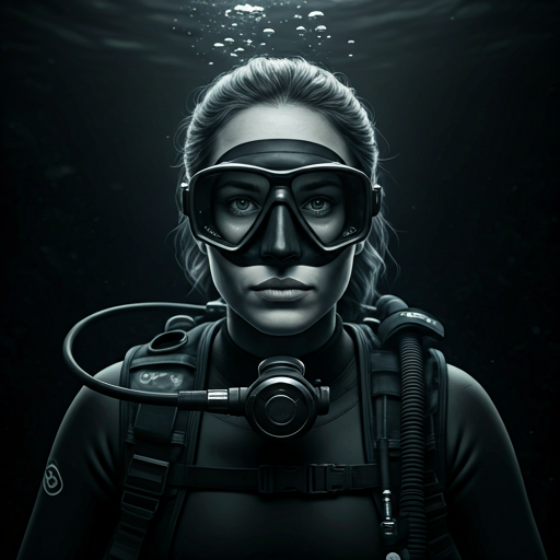 Striking black-and-white close-up portrait of Dewi, a dive leader.