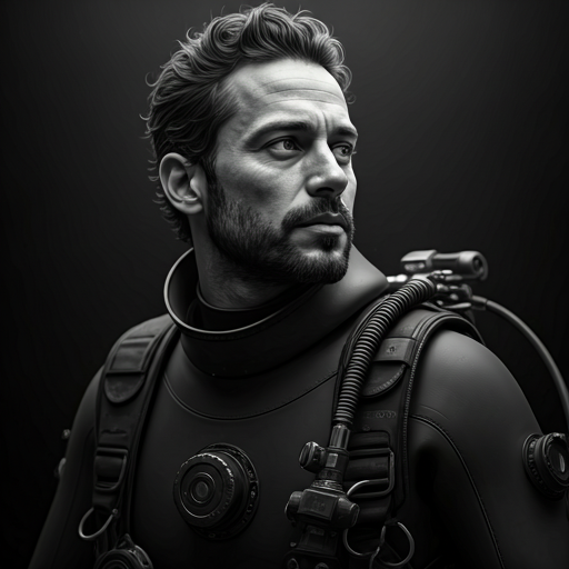 Black-and-white architectural portrait of Faiz, a technical diving expert.
