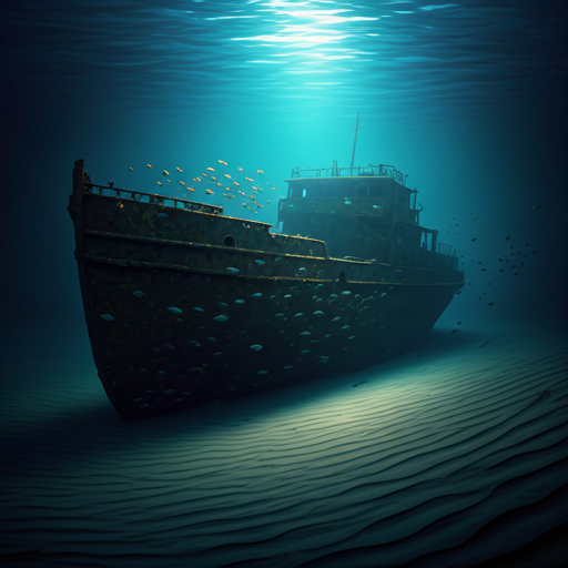 Hauntingly beautiful shipwreck resting on the sandy ocean floor in deep blue.
