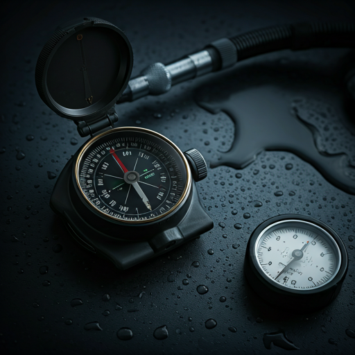 Editorial dive-equipment layout: professional compass, gauges, tools.