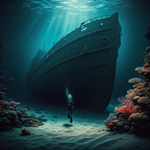 Massive barnacle-encrusted shipwreck resting in deep blue, low-key cinematic.