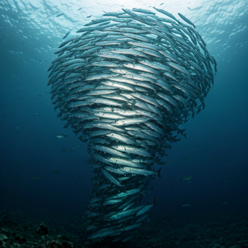 Vortex of thousands of silver barracuda swirling in the deep blue.