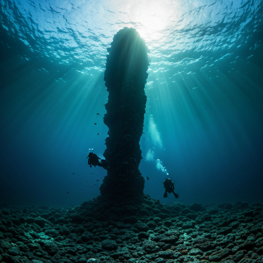 A massive limestone pinnacle rising from deep blue water in cinematic low-key light.
