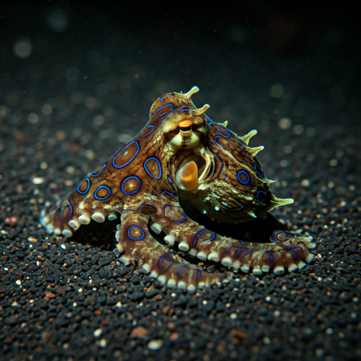 Macro photograph of a rare blue-ring octopus camouflaged at Mabul.