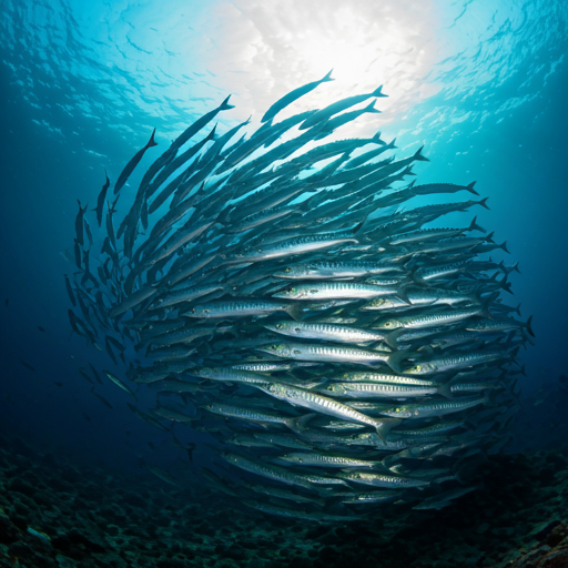 Schooling barracuda forming a wide-angle vortex in Tioman waters.
