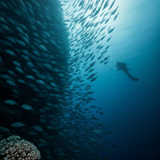 Vertical wall dive at Sipadan with thousands of swirling jackfish.